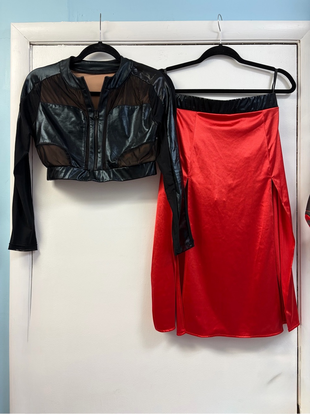 tenth House 2 piece Black Cropped Faux-Leather top and Satin Skirt